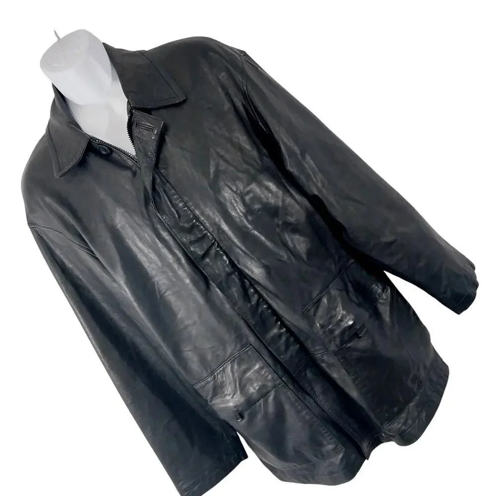 KENNETH COLE REACTION! BLACK GENUINE LAMB LEATHER STADIUM LENGTH COAT! SZ M